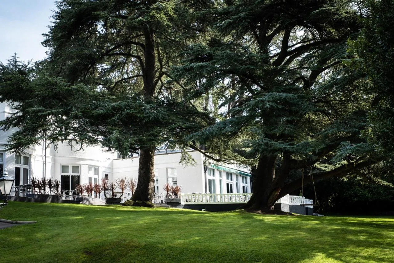 a large tree in front of a white house at Manor Parc Hotel in Cardiff